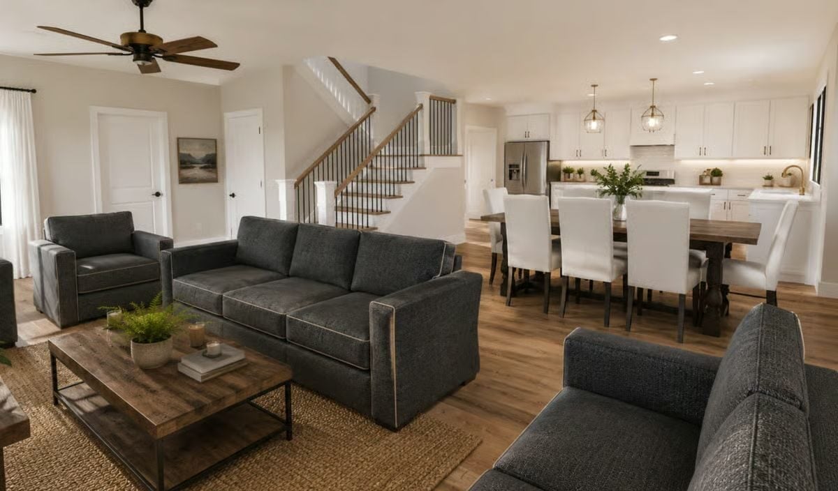 Dark Sofas, Warm Wood, and a Kitchen That Doesn't Hide From Anyone