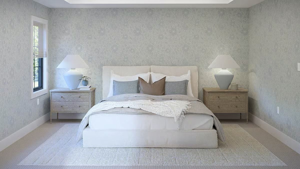 Soft Wallpaper and a Brown Leather Pillow That Keeps the Room from Floating Away