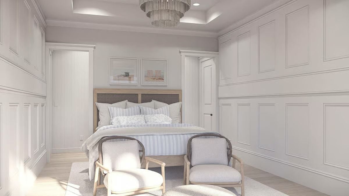 Wainscoting, a Rattan Headboard, and One Very Good Chandelier