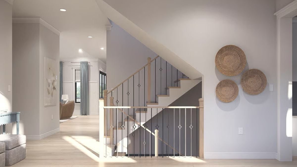 Woven Wall Baskets and Iron Balusters Do a Lot of Heavy Lifting Here