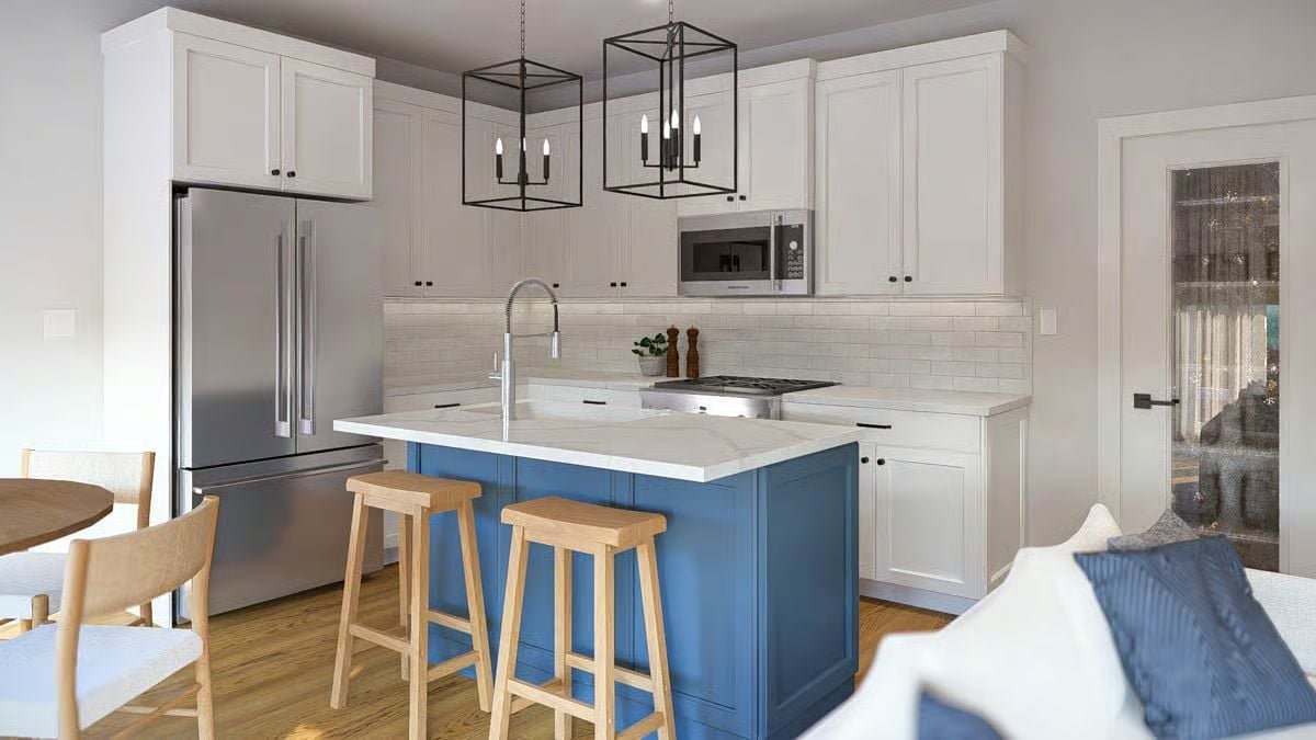 Blue Island, Wood Stools, and Pendant Lights That Mean Business