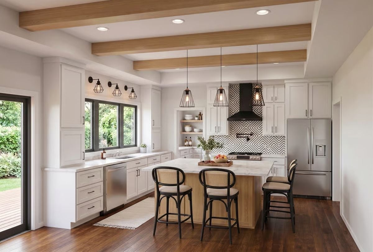 Cage Pendants, Exposed Beams, and a Backsplash That Earns Every Glance