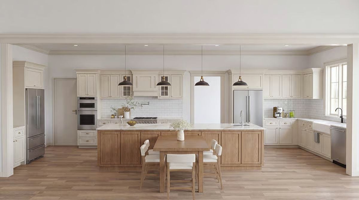 Cream Cabinets, Warm Wood Island, and Pendant Lights That Know Their Place
