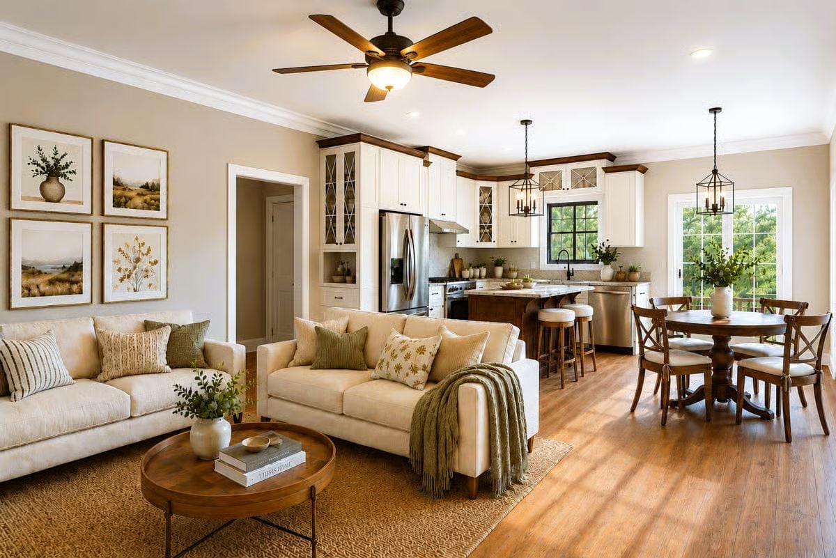 Cream Sofas, a Jute Rug, and the Kind of Open Layout Empty Nesters Actually Use
