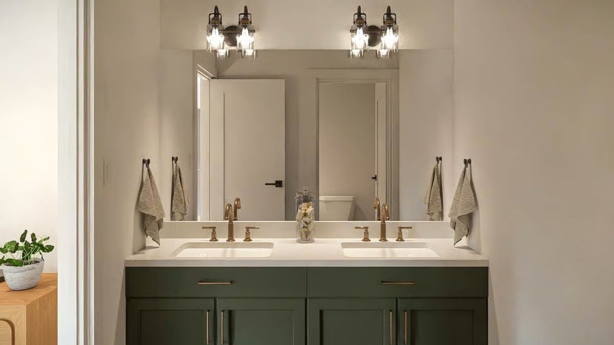 Dark Green Vanity Cabinets and Brass Hardware That Make the Bathroom Feel Finished