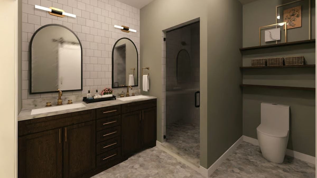 Dark Walnut Vanity and Arched Mirrors in a Bath That Keeps Its Cool