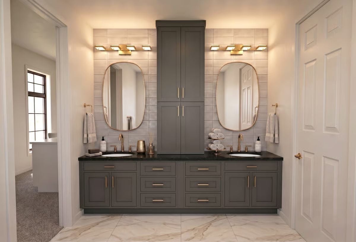 Dual Vanities, Dark Countertops, and Brass That Pulls It All Together