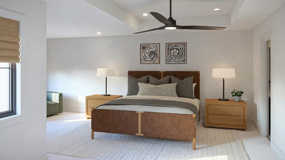 Leather-Wrapped Bed Frame and Oak Nightstands That Make the Room Feel Complete