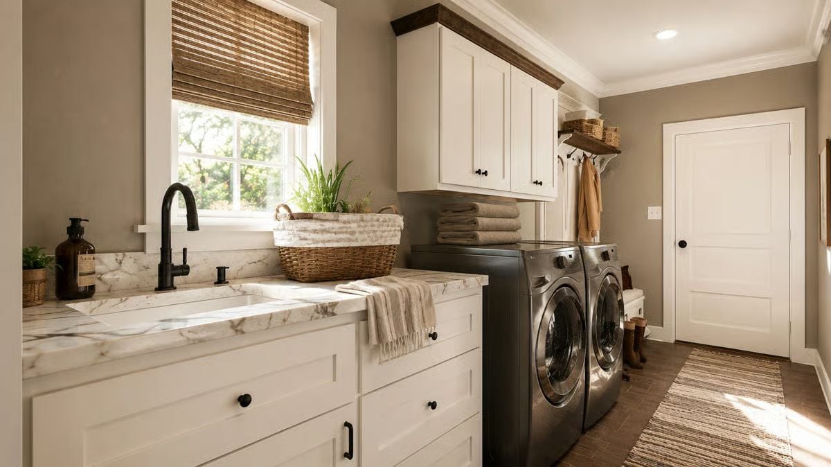 Marble Counters, Matte Black Hardware, and a Laundry Room That's Hard to Complain About