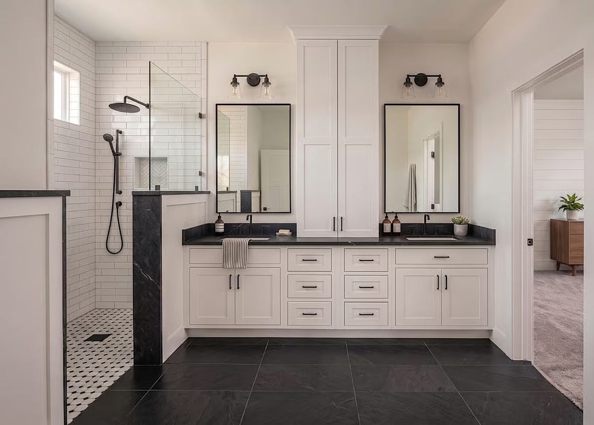 Matte Black Hardware, Double Vanity, and a Shower Wall That Means Business