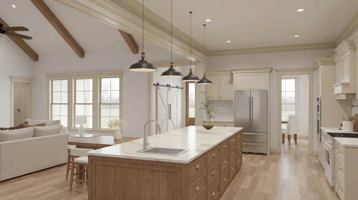 Pendant Lights Over a Waterfall Island That Earns Every Inch of Attention
