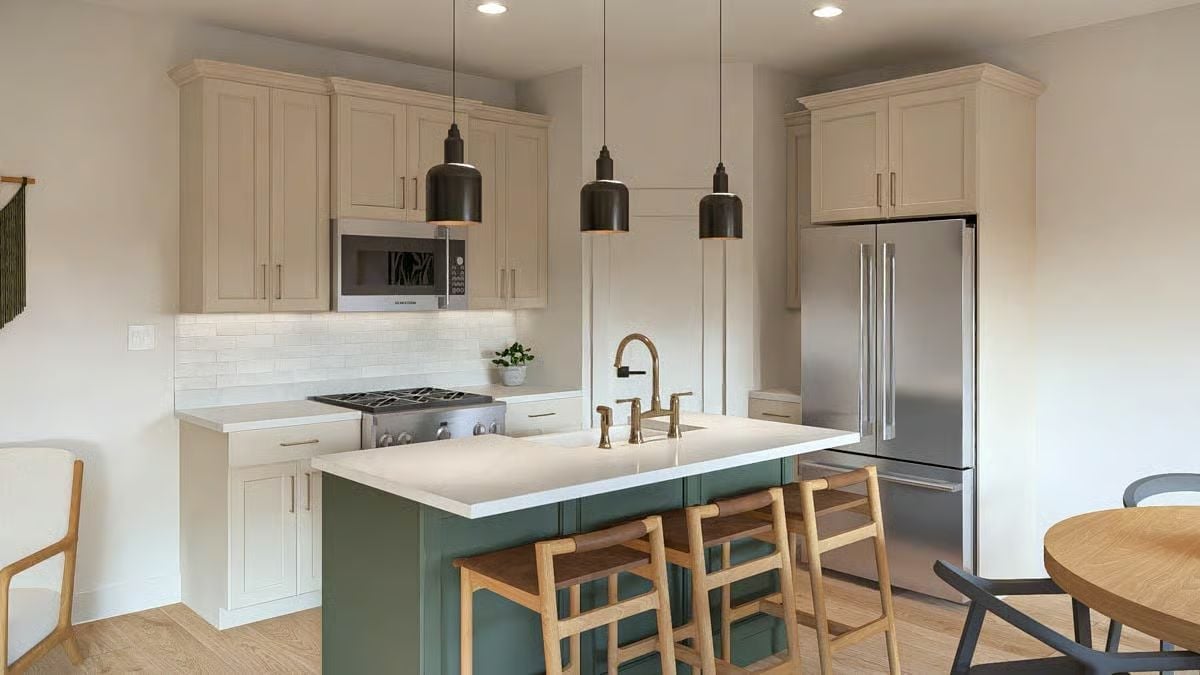 Sage Green Island, Brass Faucet, and Three Pendant Lights That Actually Fit the Space