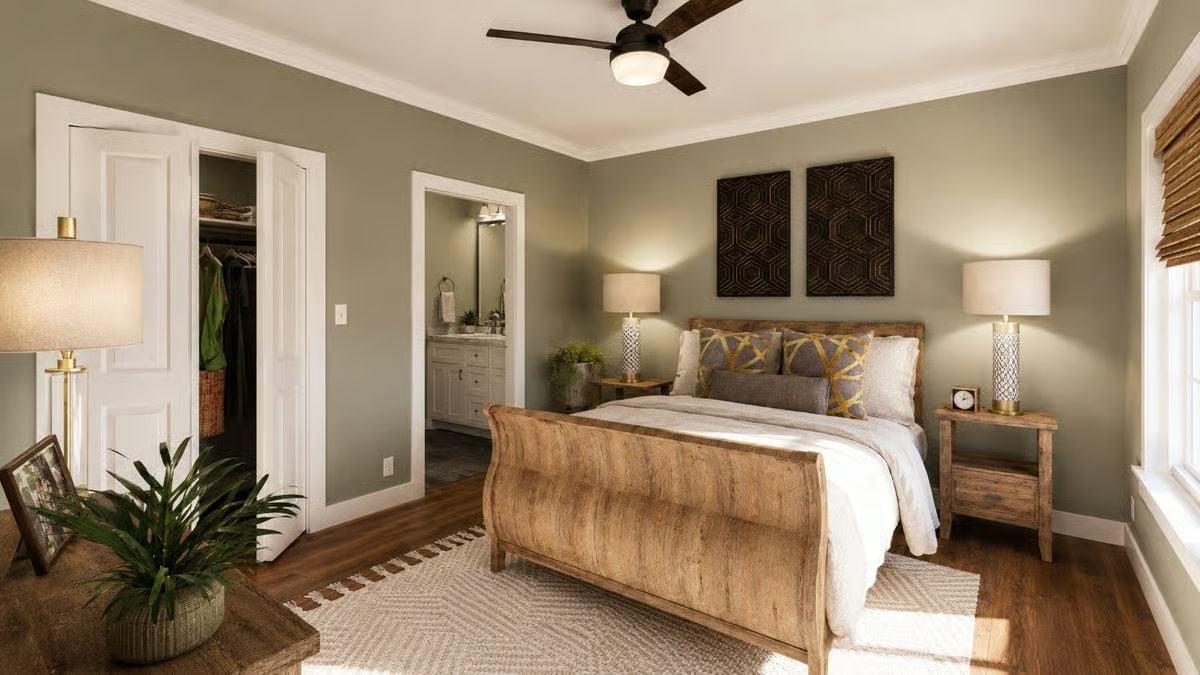 Sage Walls, a Sleigh Bed, and a Walk-In Closet That's Actually Within Reach