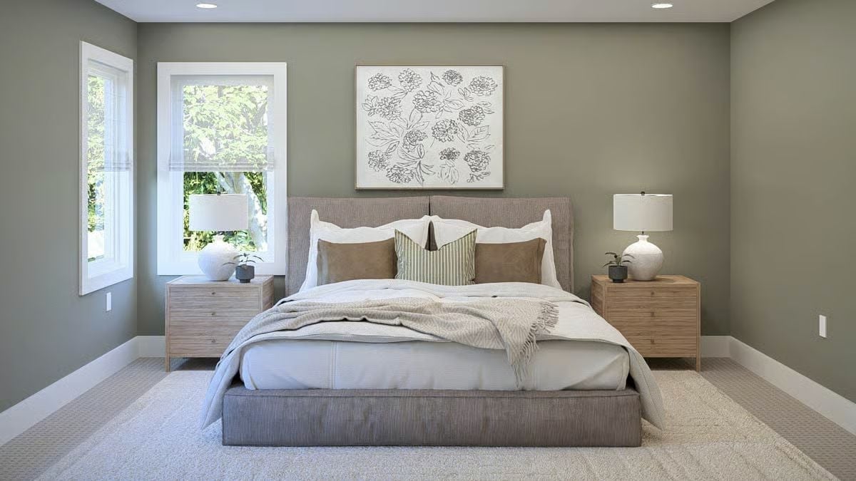 Sage Walls, a Textured Headboard, and Bedding That Looks Slept In on Purpose