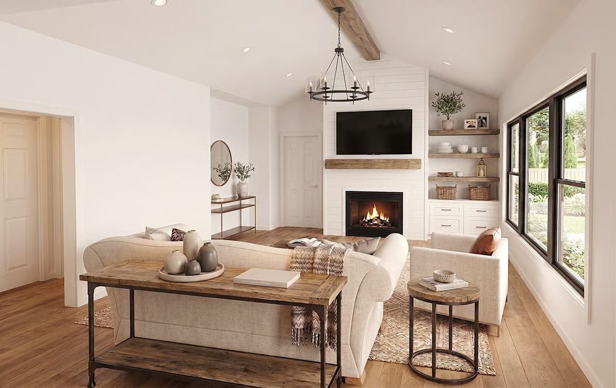 Shiplap Fireplace Wall, Exposed Beam, and Sofas You Won't Leave Until Spring