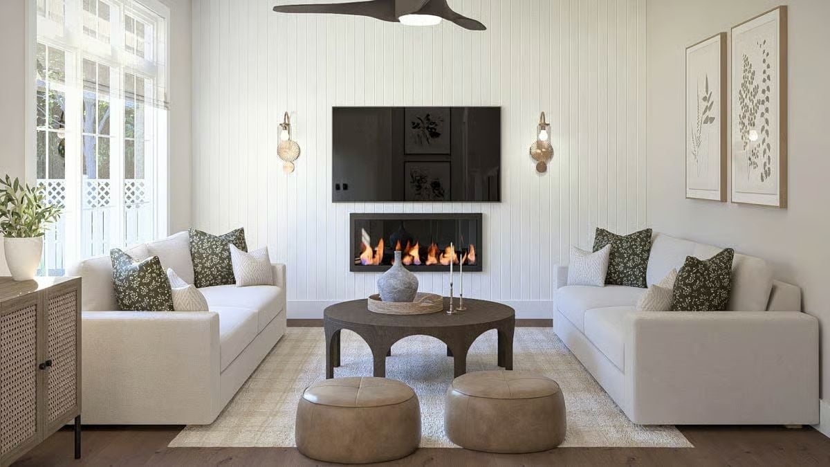 Shiplap, Sconces, and Two Sofas Facing Each Other Like They Mean It