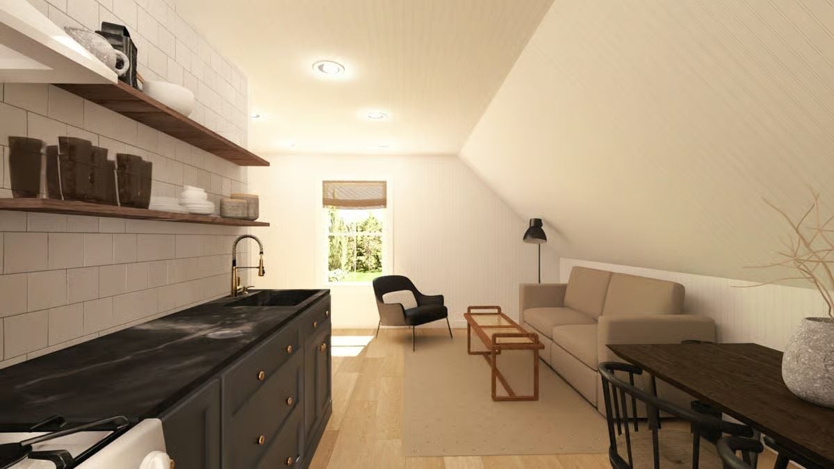 Sloped Ceiling Loft Kitchen Where Dark Cabinets and Open Shelving Actually Share Space Well