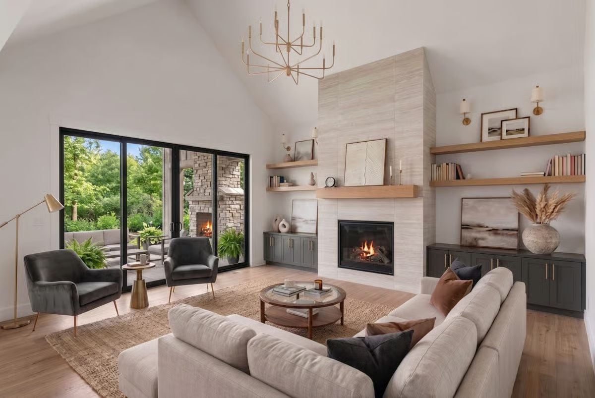 Vaulted Ceilings, Floating Shelves, and Two Fireplaces Burning at Once