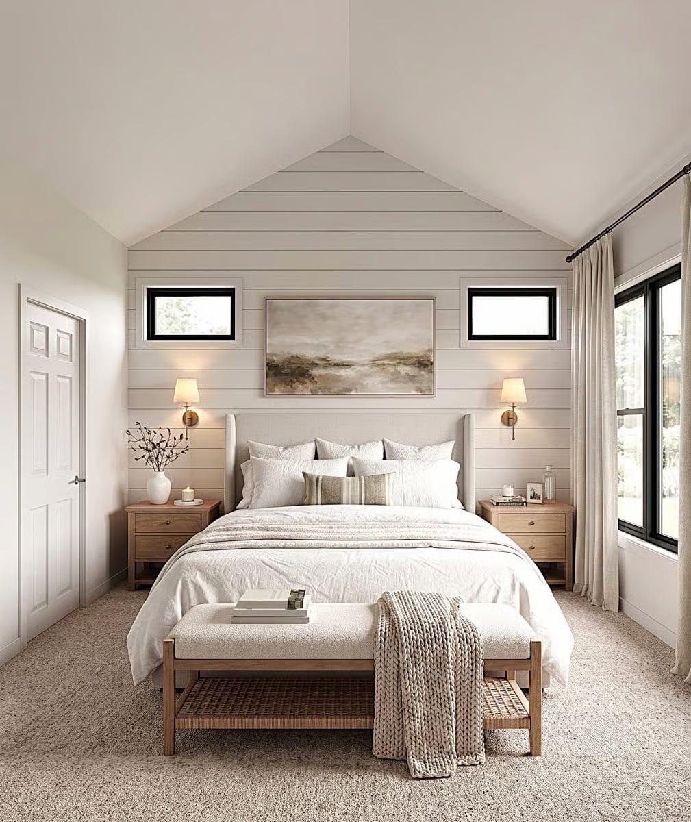 Vaulted Shiplap, Brass Sconces, and Bedding You'd Hate to Wrinkle
