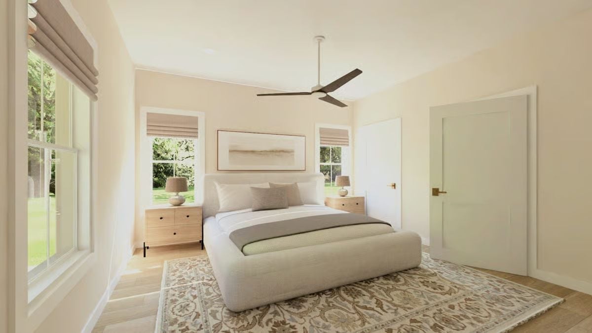 Warm Neutrals and a Low-Profile Bed Frame That Let the Ceiling Fan Be the Statement