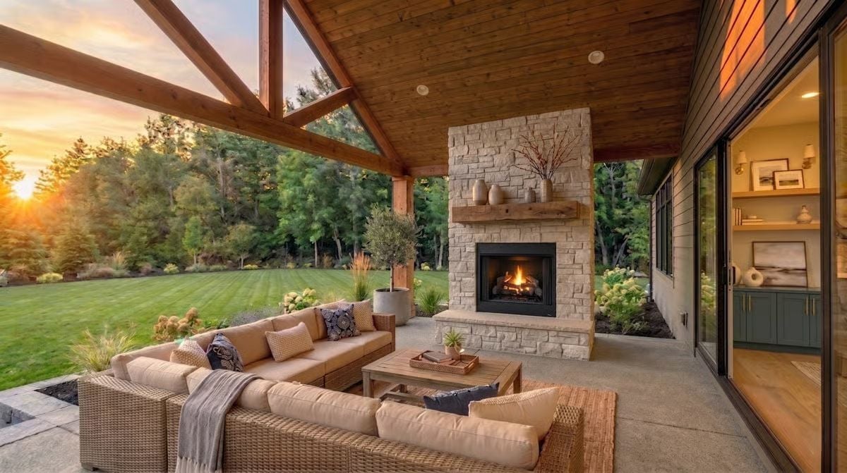 Wicker Sectional, Stone Fireplace, and a Sunset That Clocked In Right on Time