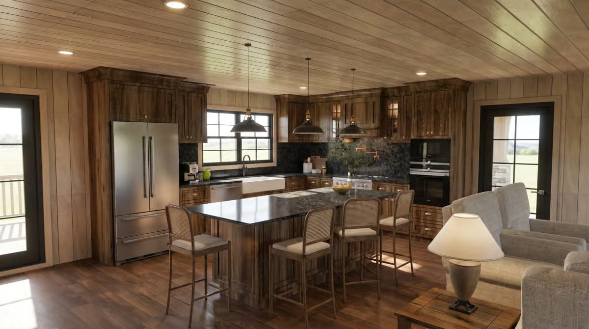 Dark Granite, Cane-Back Chairs, and a Kitchen Island Built for Real Cooking