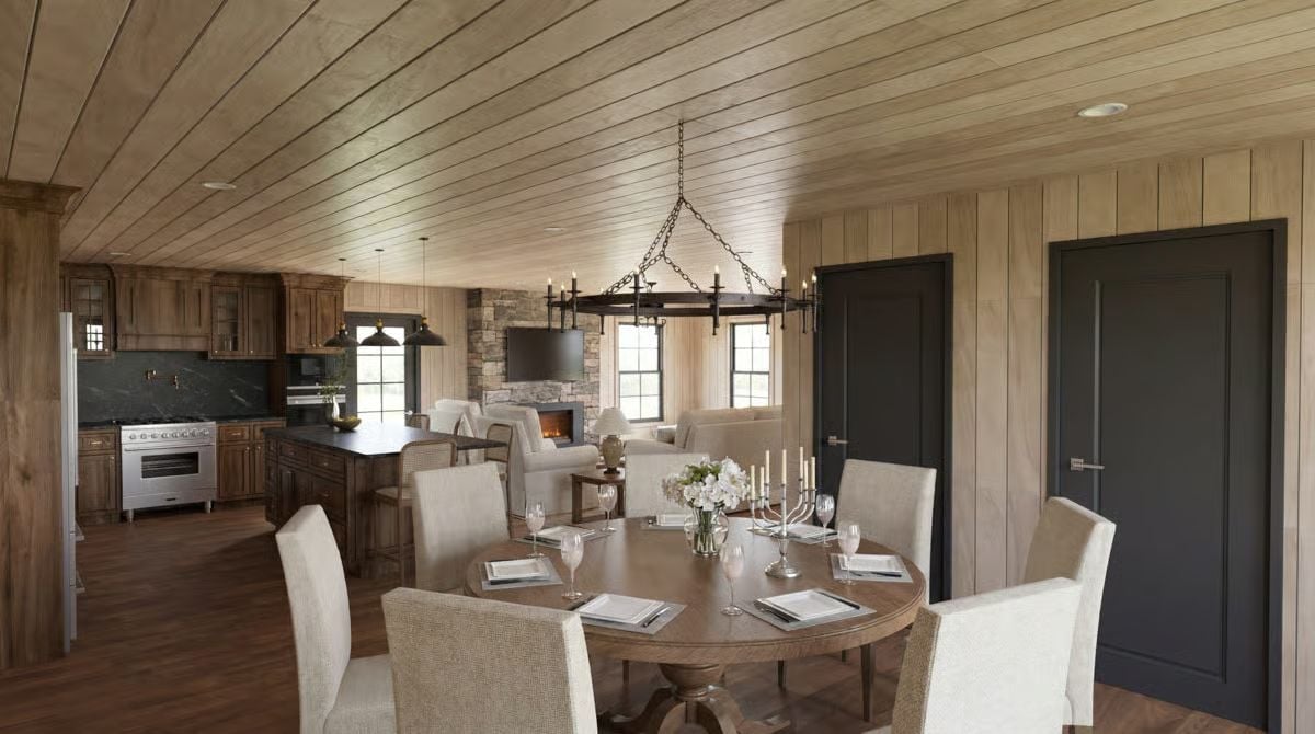 Round Table, Iron Chandelier, and a Stone Fireplace You Can See from Every Seat