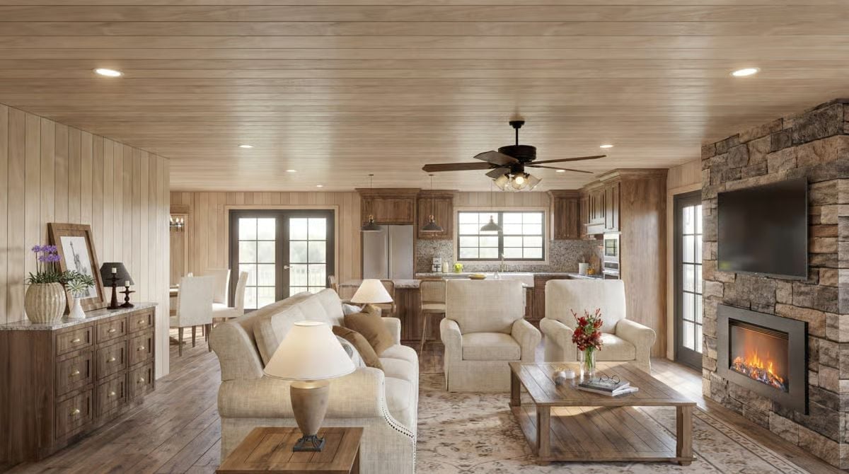 Stone Fireplace, Wood Ceiling, and Cream Linen Doing the Heavy Lifting