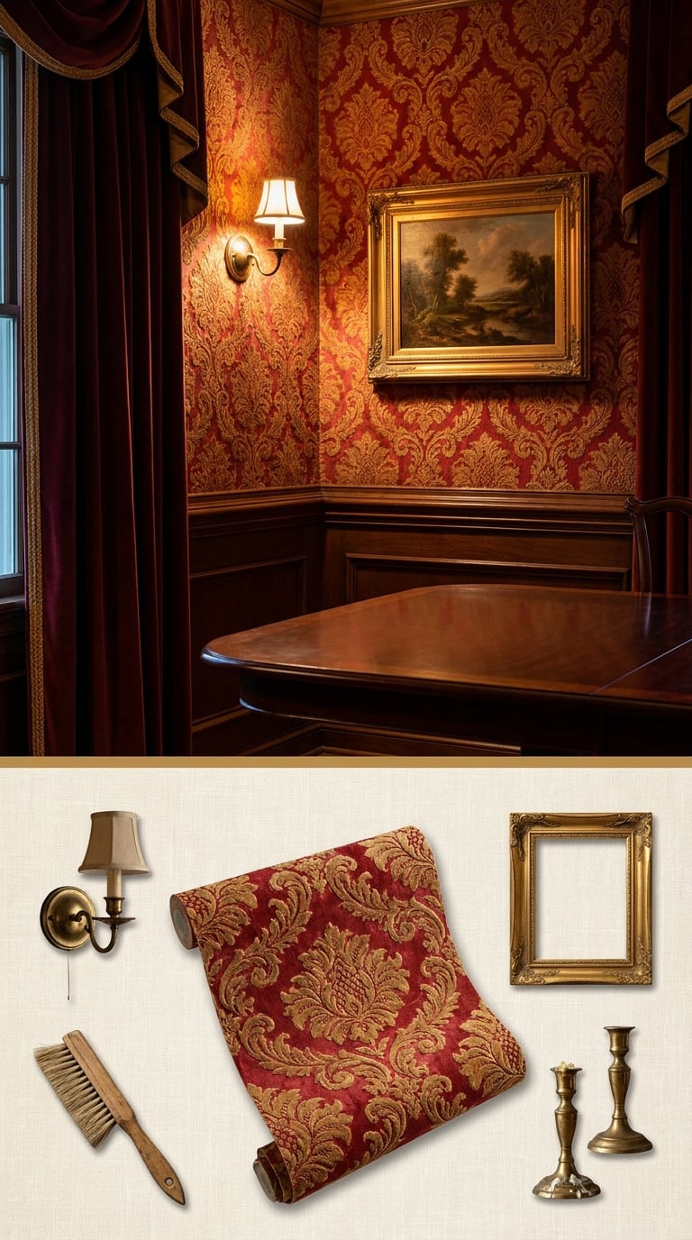 Flocked Red-and-Gold Damask Wallpaper That Made the Room Feel Like a Victorian Parlor