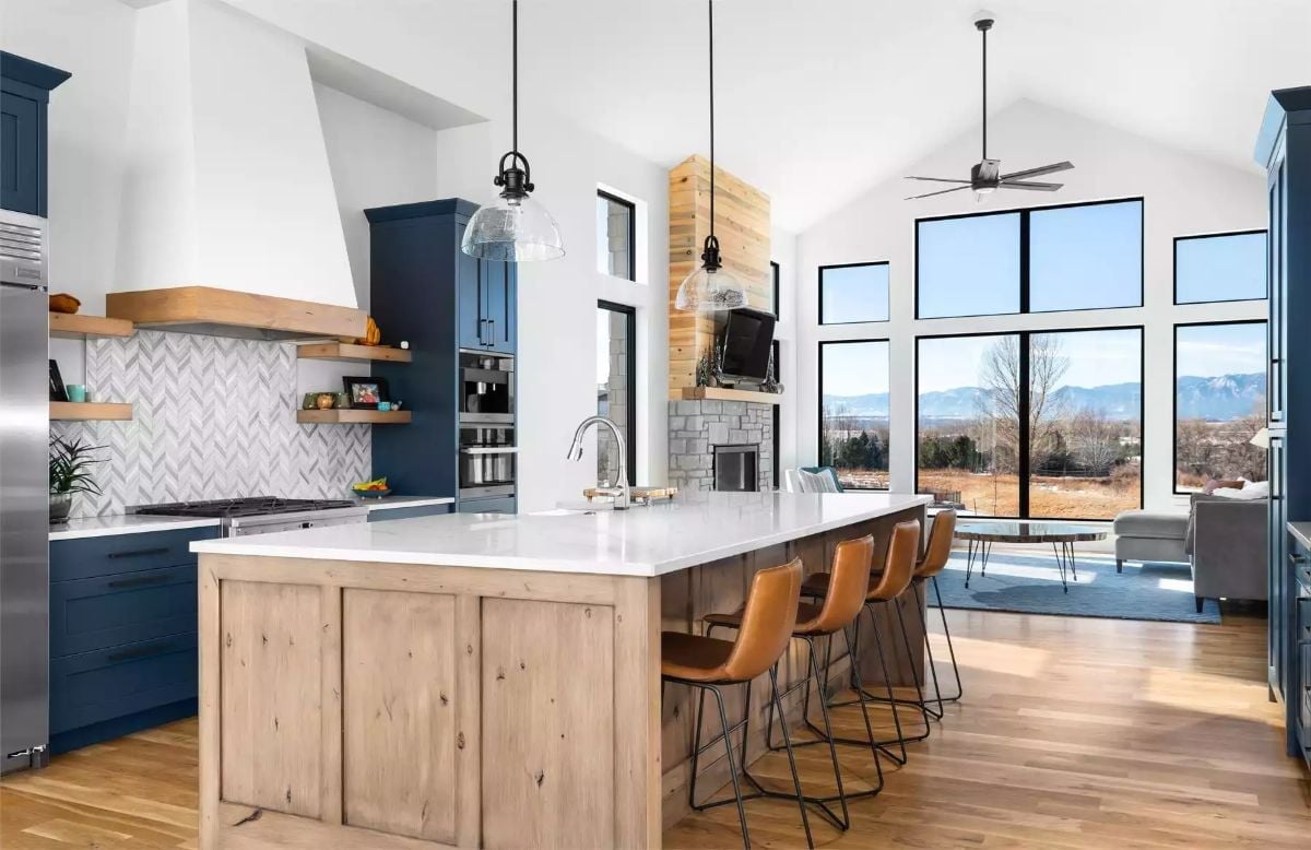 Navy Cabinets, Warm Wood Island, and a View Worth Designing Around