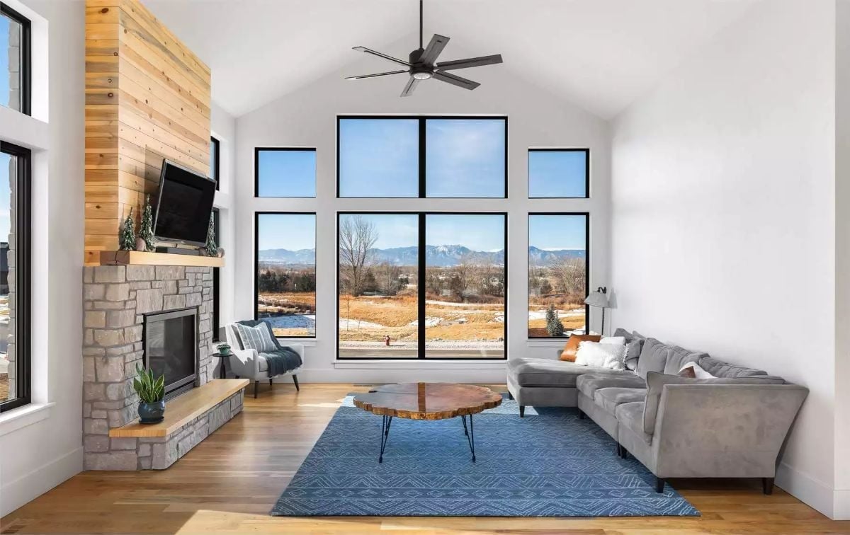 Stone Fireplace, Live-Edge Coffee Table, and Mountains Out Every Window