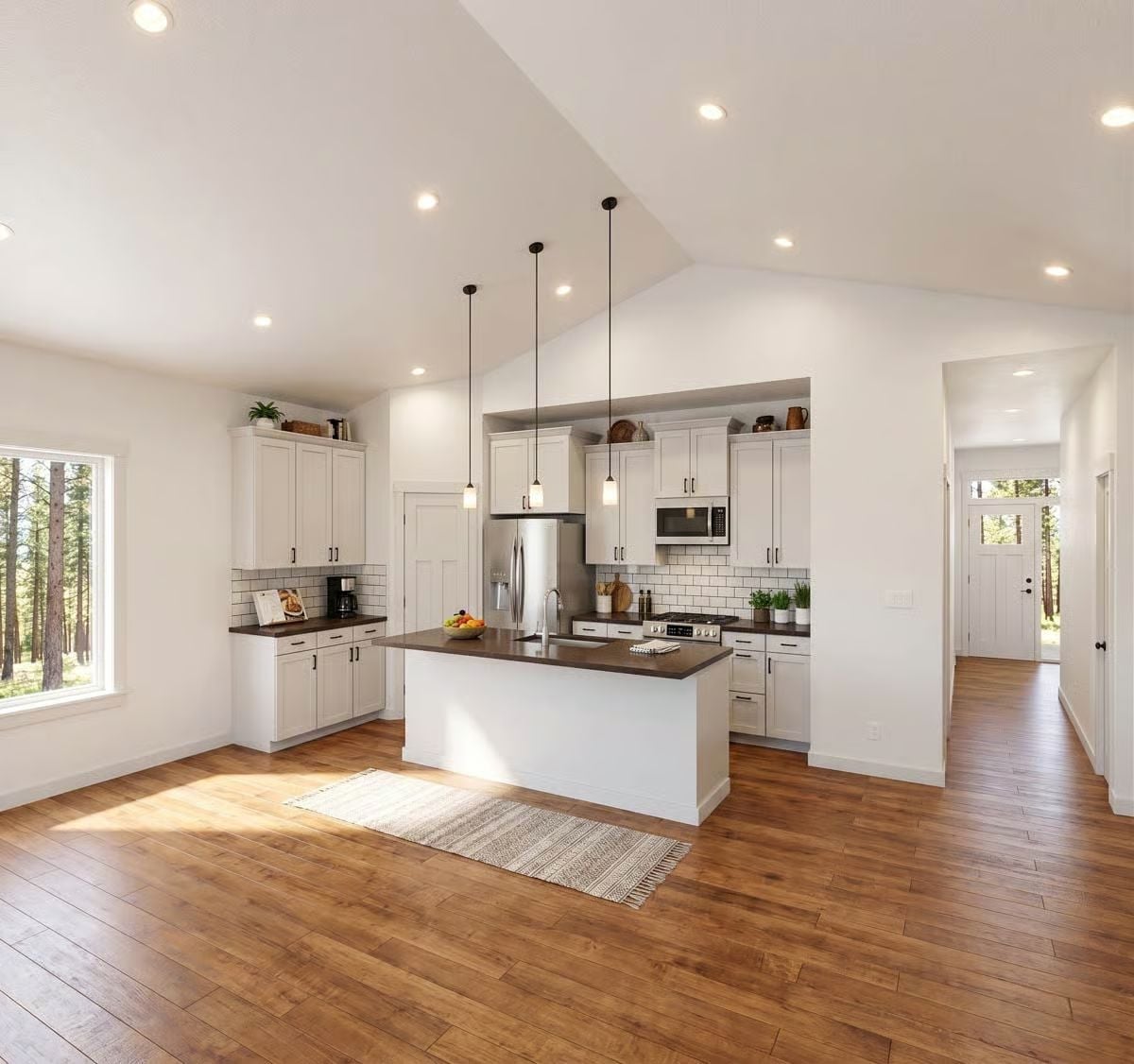 Pendant Lights Over Dark Counters Pull This White Kitchen Off the Edge of Safe