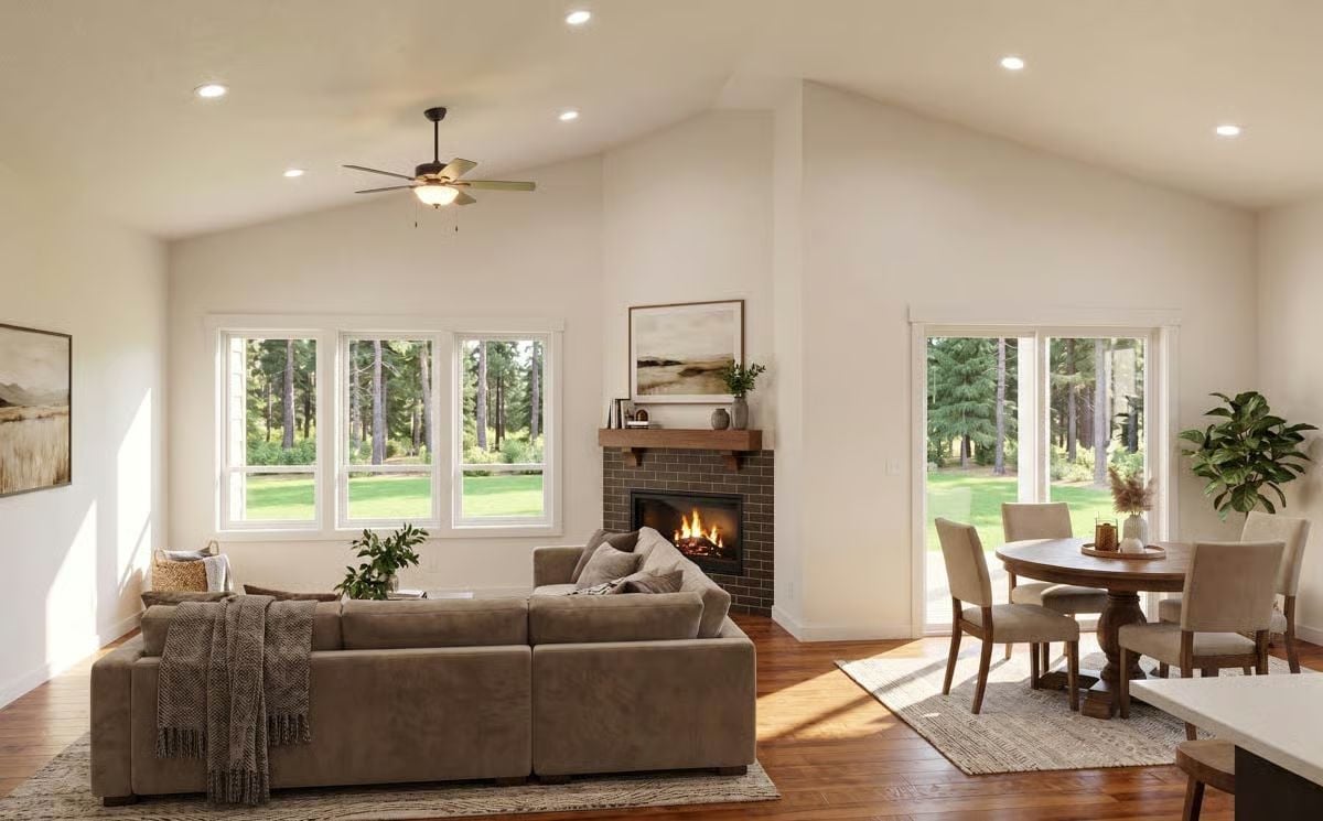 Vaulted Ceiling, Fireplace, and Forest Views Do the Heavy Lifting Here