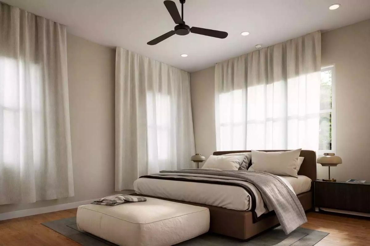 Sheer Curtains, Warm Wood, and a Fan That Actually Fits the Ceiling