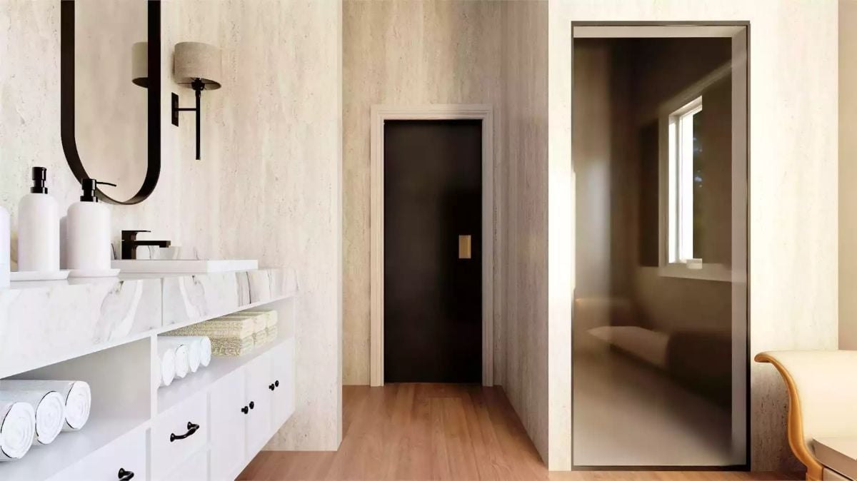 Black Door Hardware, Matte Faucets, and a Vanity That Earns Every Inch