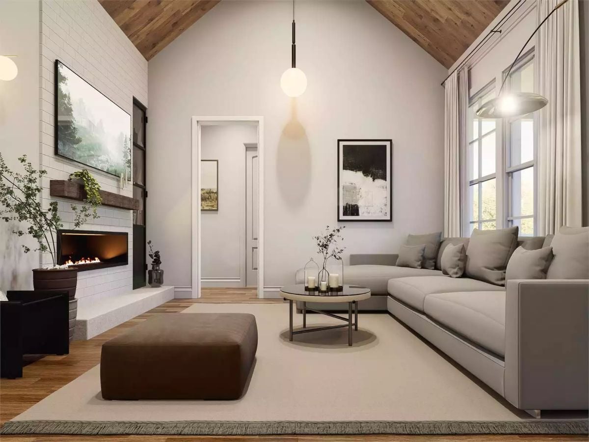 Vaulted Wood Ceiling Meets a Linear Fireplace Built for Slow Evenings