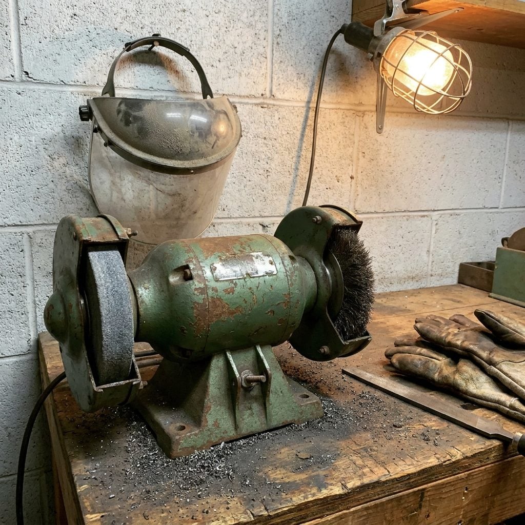 The Hand-Crank Bench Grinder with the Wire Wheel That Threw Sparks Like a Tiny Fireworks Show
