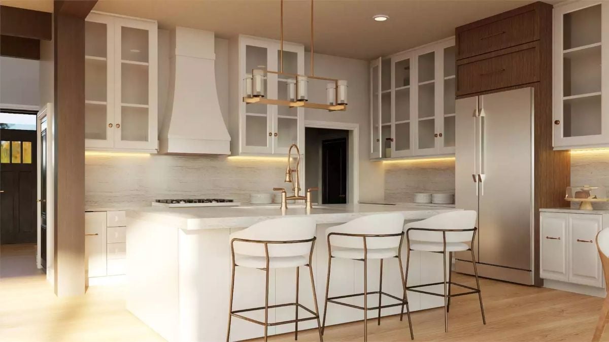 Brass Fixtures and White Quartz Make This Kitchen Worth Coming Home To