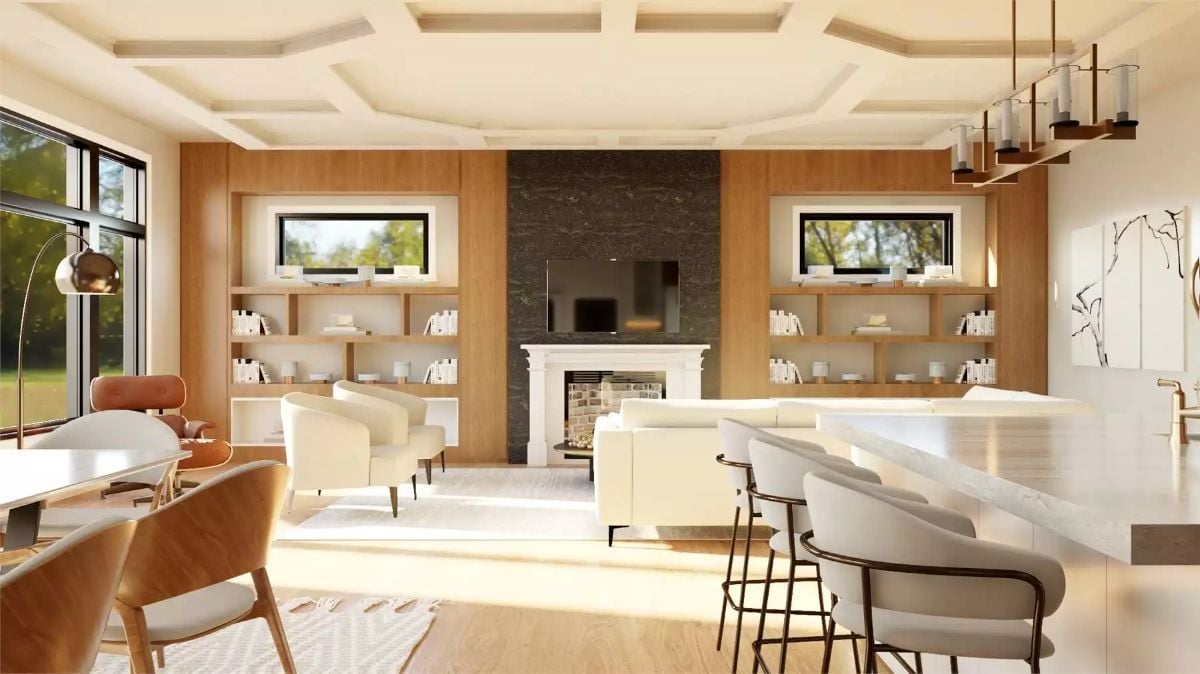 Coffered Ceiling and Stone Fireplace Pull This Great Room Together