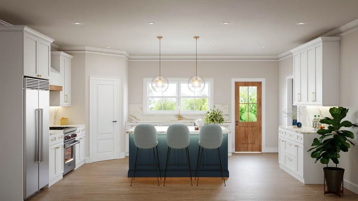 Dark Teal Island in an All-White Kitchen Earns Every Bit of Attention It Gets