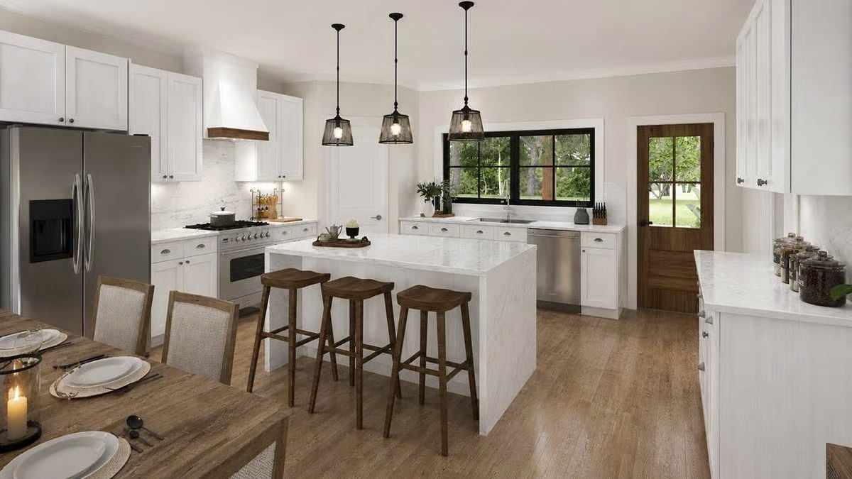 White Marble, Black Cage Pendants, and Stools That Pull the Whole Room Together