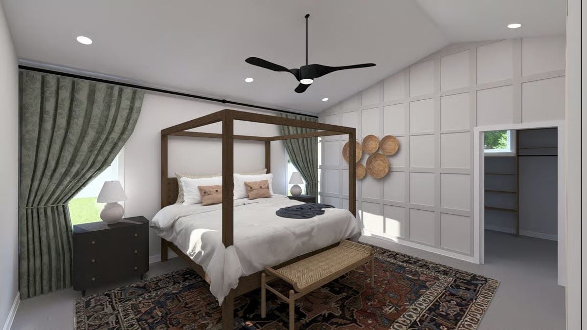 Four-Post Frame, Woven Baskets, and a Closet That Earns Its Own Wall