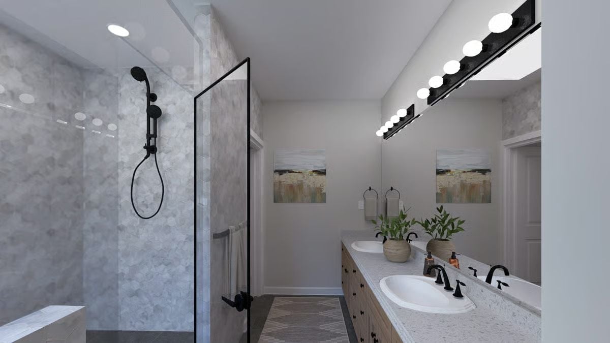 Hex Tile, Matte Black Fixtures, and a Double Vanity That Pulls Its Weight