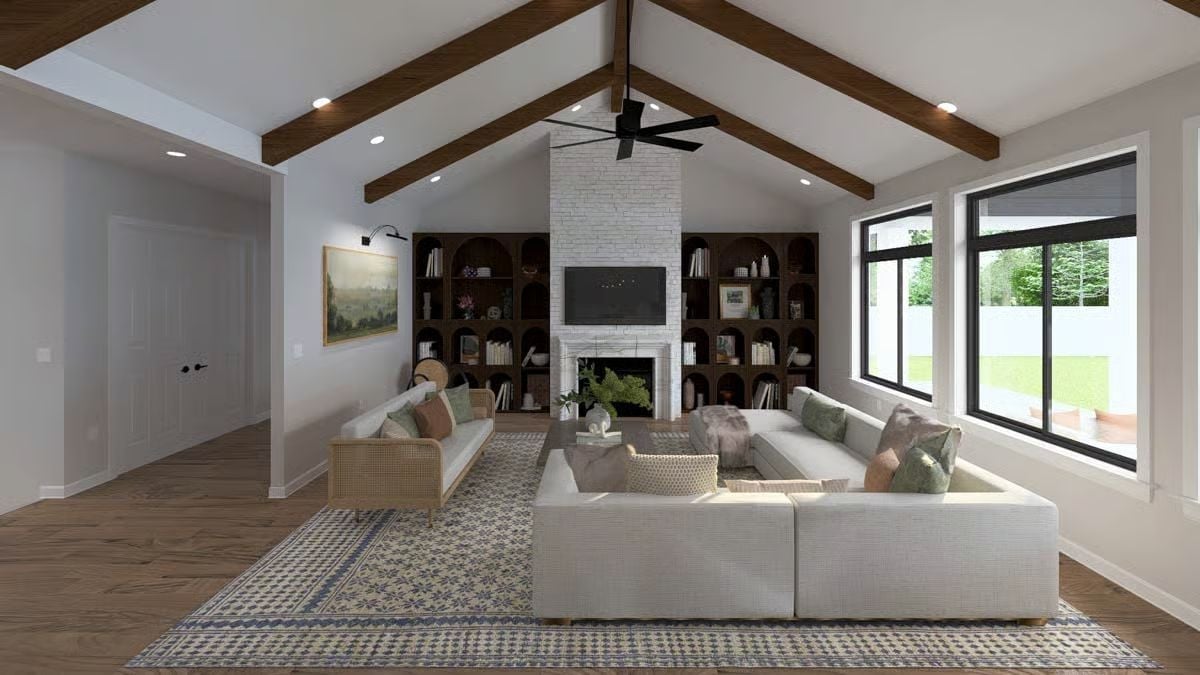 Vaulted Beams and Built-In Shelving That Earn Their Keep