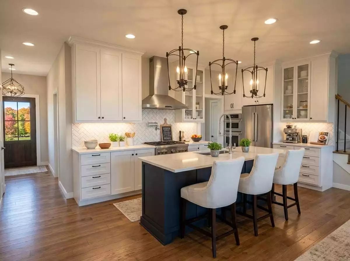 White Cabinets Do the Heavy Lifting So the Navy Island Doesn't Have To