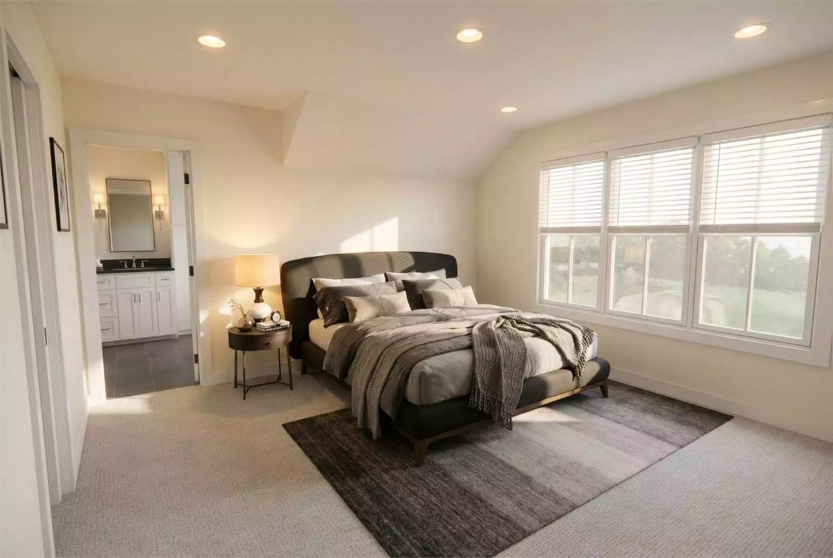 Vaulted Ceiling, Dark Upholstered Headboard, and Morning Sun That Does the Work