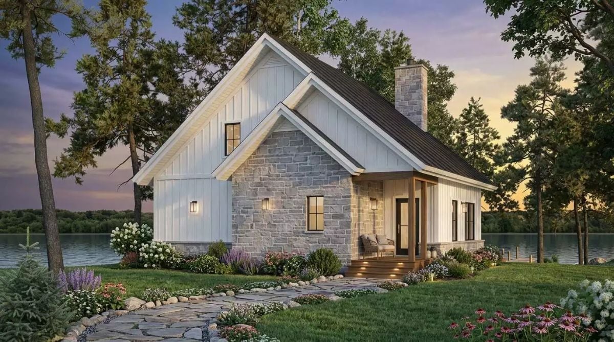 Lakeside Stone and Board-and-Batten Cottage Built for Golden Hour Every Night