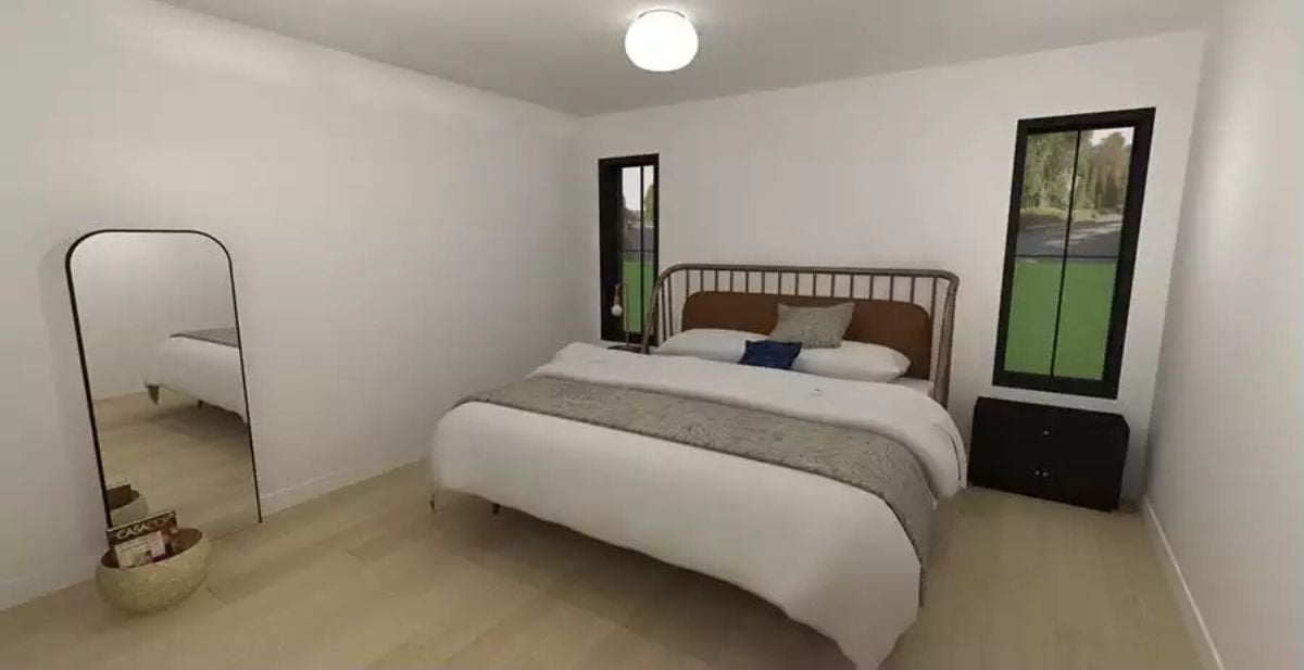 Metal Bed Frame, Lean Mirror, Two Windows — Proof a Bedroom Doesn't Need More