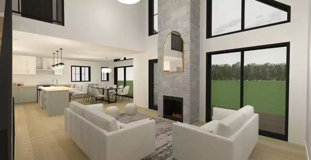 Soaring Fireplace Wall That Earns Every Inch of Ceiling Height