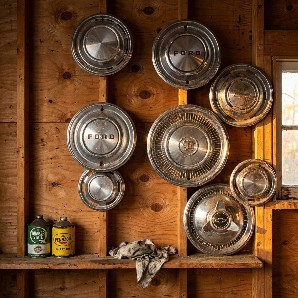 The Hubcap Collection Hanging on the Wall Like Chrome Dinner Plates